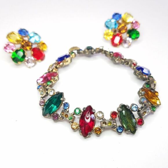 Vintage Jewel Tone Rhinestone Demi Parure Pot Metal Bracelet Screw Back Earrings - Picture 2 of 14